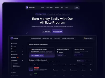 Moonlite - Affiliate Dashboard affiliate dark dashboard refferal statistics ui ui design uiux ux ux design web web design website