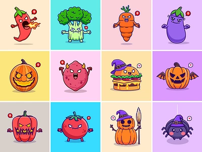 Food Monster🎃💀🌶️🥦🕷️ branding burger cartoon character chilli doodle flat food ghost halloween horror icon illustration logo monster pumpkin sticker vegetable waltz