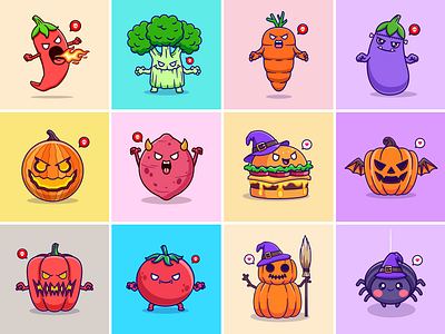 Food Monster🎃💀🌶️🥦🕷️ branding burger cartoon character chilli doodle flat food ghost halloween horror icon illustration logo monster pumpkin sticker vegetable waltz