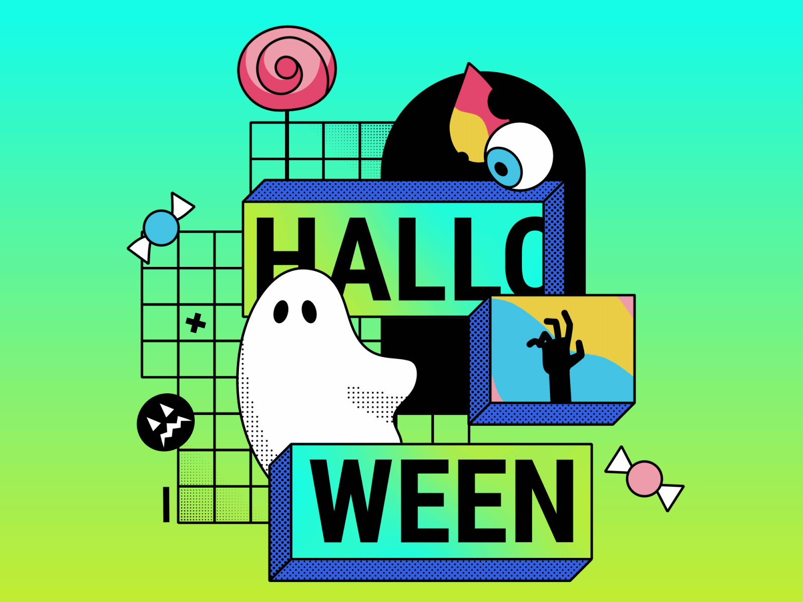 Halloween with ghost and eyeball 2d after effects animation branding design eyeball ghost gradient halloween halloween candy halloween decorations halloween party halloween sign happy halloween illustration lettering motion graphics spooky season trick or treating zombie arm