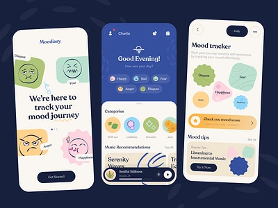 Moodiary - Mood Tracker App Exploration app branding clean colors design feeling happy harmony illustrations medical meditation mood pastels peace typography ui ux wellnes whitespace yoga