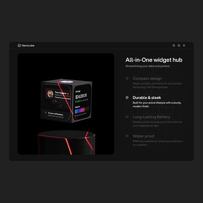 Landing page animation design for Nanocube 3d 3d design animation cube dark mode hero how it works landing page product tech testimonials uiux uxui visual design widget