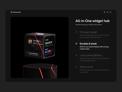 Landing page animation design for Nanocube 3d 3d design animation cube dark mode hero how it works landing page product tech testimonials uiux uxui visual design widget