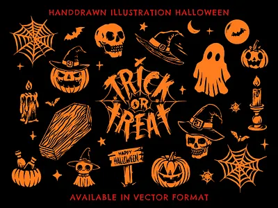 Handdrawn Halloween Vector Illustrations doodle halloween halloween vector hand drawn handdrawn handdrawn illustration illustration logo pumpkin spider web trick or treat vector set