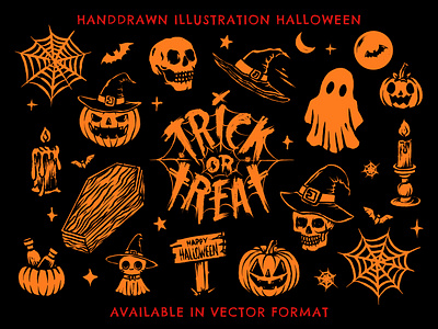 Handdrawn Halloween Vector Illustrations doodle halloween halloween vector hand drawn handdrawn handdrawn illustration illustration logo pumpkin spider web trick or treat vector set