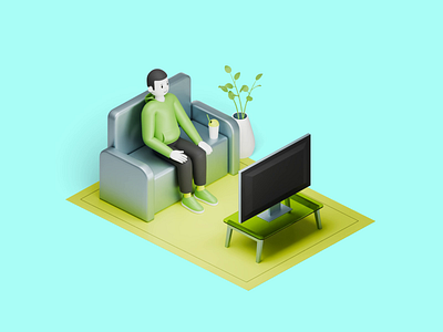 Man watching TV animated illustration 3d illustration animated illustration blender animation illustration isometric man at home man watching tv sofa tv watching