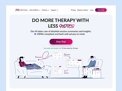 Therapy AI SaaS landing page analysis b2b2c b2c branding cta doodle illustration landing page line art line illustration mind psychology saas saas ai therapy ux vector web