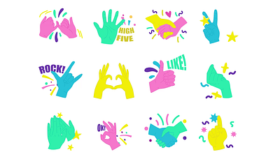 Hand Gestures 2D Icons Stickers Animation 2d animated stickers animation clap emoji flat hand gestures hand symbols handshake heart gesture high five icons illustration motion ok peace sign rock gesture sticker pack stickers thumbs up