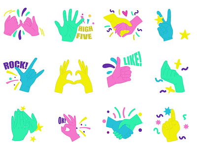 Hand Gestures 2D Icons Stickers Animation 2d animated stickers animation clap emoji flat hand gestures hand symbols handshake heart gesture high five icons illustration motion ok peace sign rock gesture sticker pack stickers thumbs up