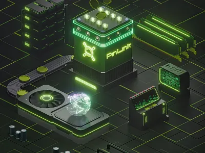 3D Dark Isometric Diorama 3d 3d art blender chip console cpu crypto gpu green illustration isometric art money neon processor ram