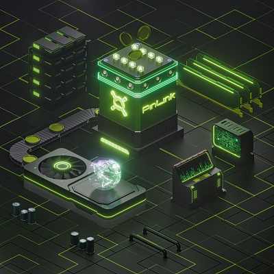 3D Dark Isometric Diorama 3d 3d art blender chip console cpu crypto gpu green illustration isometric art money neon processor ram