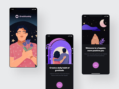 Gratitudely - Onboarding grateful gratitude habit illustration mobile app onboarding ui uiux ux