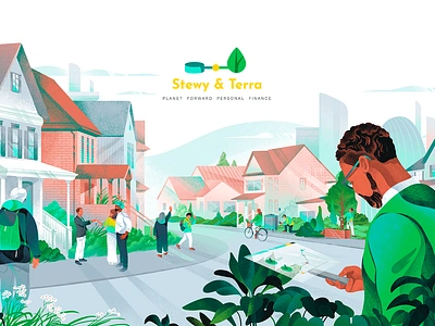 The illustration and the logo for the Stewy&Terra project branding buildings character city eco header hero illustration landing logo people phone plants team ui ux web