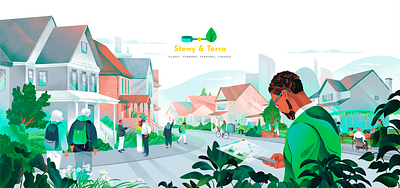 The illustration and the logo for the Stewy&Terra project branding buildings character city eco header hero illustration landing logo people phone plants team ui ux web