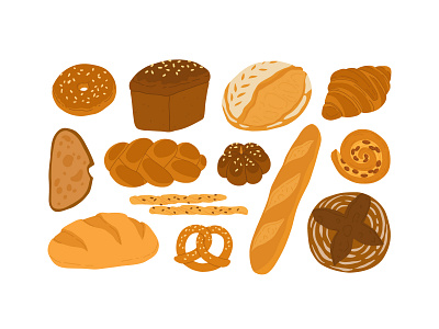 Bread types baguette bakery bread cartoon concept croissant design flat food grain illustration pastry sourdough vector wheat