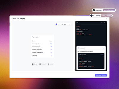 AI insights for dashboards ✨ ai analytics changelog code company cursor dashboard design editor events gpt insight product profile query sql ui ux