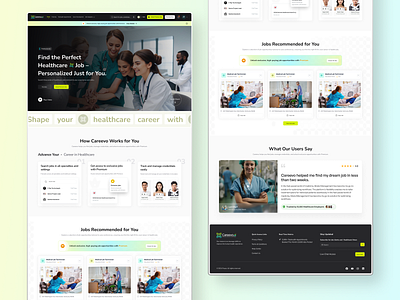 AI-Powered Healthcare Job Finder ai powered healthcare job finder creative design creative hero section dark light theme footer graphic design header hero section how careevo works for you job finder jobs recommended for you logo testimonimal design ui unlock banner