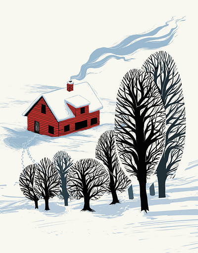 Cabin 2d cabin digital drawn folioart illustration joanna lisoweic landscape lino cut scene snow winter