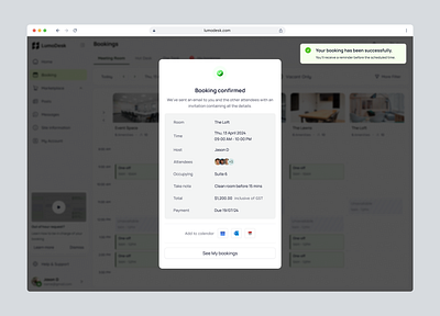 Coworking Platform - Booking Confirmed admin b2b booking component confirmed coworking dashboard design management popup saas ui ux web webapp