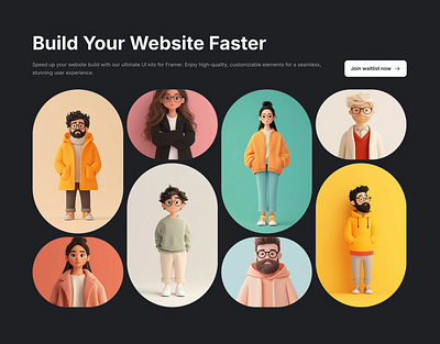 Dark landing page website hero section for Framer - Frameblox UI avatars cta header hero landing ui webdesign website