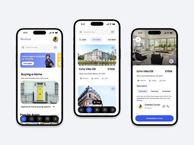 Venture Real Estate Mobile App dribbbleshots homefinder modernui mortgagecalculator propertymanagement realestateapp realestatedesign ui uidesign uiux userexperience uxdesign