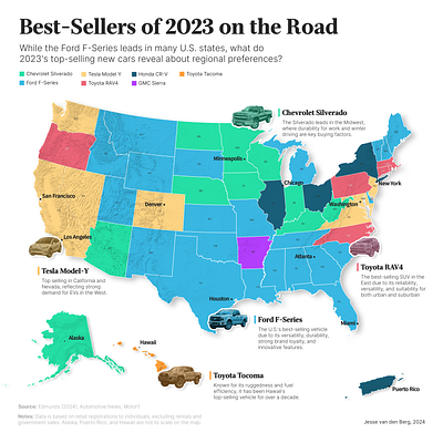 Best-Sellers of 2023 on the Road (Top US car sales map) cars cartography choropleth datadesign dataviz fordfseries graphic design infographic informationdesign map teslamodely toyota uscarsales