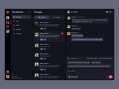 Fanslove ai app ai dark more ai dashboard ai meesage branding dark dashboard design desktop landing message app message with ai ui design uidesign