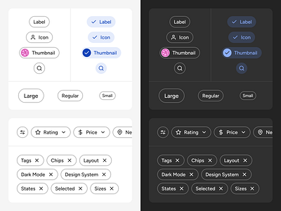 Tags / Chips card chip dark design dismiss figma filter icon kit mode night product selected size state system tag thumbnail ui ux