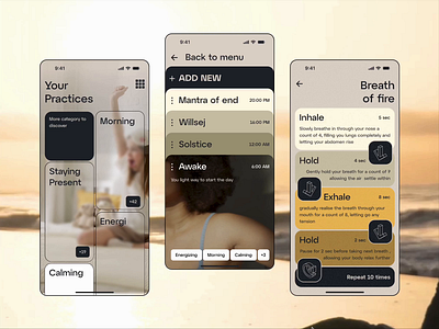 UX/UI Concept for Mindfulness & Wellness App 🌿 alarm android animation app application breath calm ios kids sand sleep sunset training wakeup waves wellness