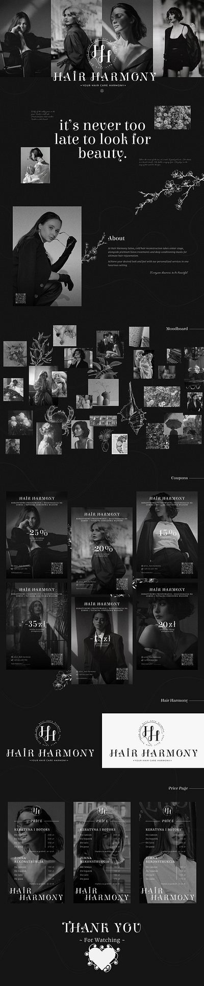 Hair Harmony - Brand Identity | Web Design | Figma | UX/UI aesthetic branding dark hair inspiration style ui user experience user interface user research ux uxr web design