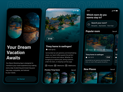 📱 Resort Booking Mobile App UI/UX Design 🌴 android app beach black booking dark family vacation hotel ios mobile offers packages resort tour travel traveling travels ui uiux ux