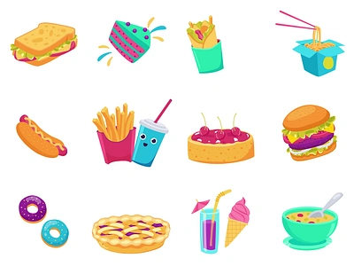 Food 2D Stickers Animation 2d animation burger cake cheesecake donut flat food french fries hot dog ice cream icons illustration motion noodles sandwich soup stickers