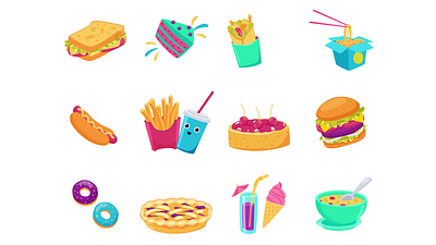 Food 2D Stickers Animation 2d animation burger cake cheesecake donut flat food french fries hot dog ice cream icons illustration motion noodles sandwich soup stickers