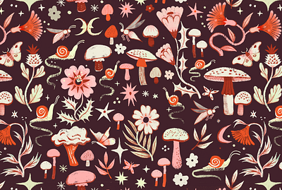 Night-time botanical digital folioart illustration magical mixed media mushrooms nature olivia waller painting pattern texture