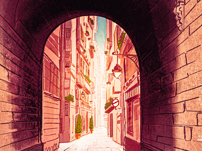 Barcelona, Spain architecture archway barcelona building city cityscape euro europe gothic quarter illustration landscape old retro sketch spain spanish travel tunnel urban vintage