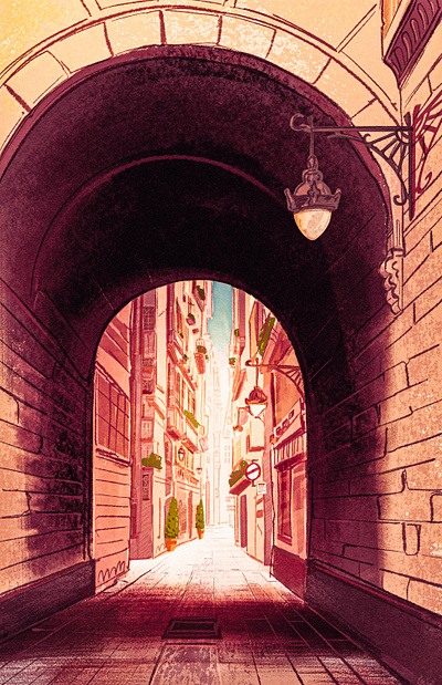 Barcelona, Spain architecture archway barcelona building city cityscape euro europe gothic quarter illustration landscape old retro sketch spain spanish travel tunnel urban vintage