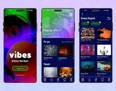 Spooky Music App UI app branding design halloween illustration layout mobile music spooky ui ux vector