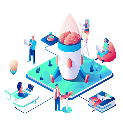 Brainstorming 2D Isometric Animation 2d animation brainstorming business character interaction collaborative work creative process flat futuristic design growth idea generation illustration isometric meeting motion office work productivity project development rocket launch teamwork