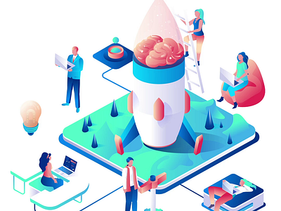 Brainstorming 2D Isometric Animation 2d animation brainstorming business character interaction collaborative work creative process flat futuristic design growth idea generation illustration isometric meeting motion office work productivity project development rocket launch teamwork