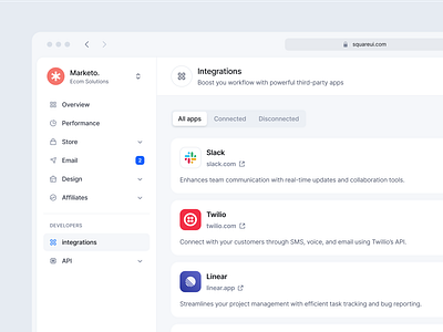 Integrations page - SquareUi dashboard design system figma integrations product design ui ux web design