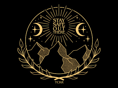 Stay Safe Out There ai celestial design graphic design illustration logo moon mountains outdoor podcast star vector wreath