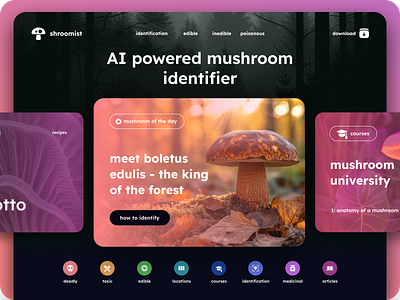 Shroomist - AI powered mushroom identifier ai ai technology cards design e school features minimalistic mushroom identifier mushrooms online classes online courses online school online university saas tech technology ui design user interface web design