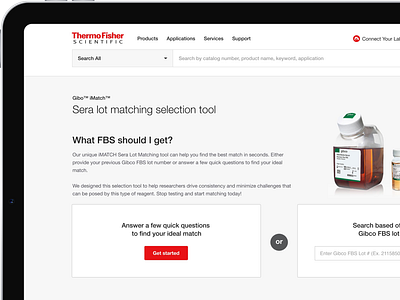 iMATCH™ Sera Lot Matching Tool data visualization design process design system guided experience information architecture interaction design interface design microinteractions product design prototyping questionnaire flow sera lots thermo fisher scientific thermofisher usability user experience user flow user journey user research ux design