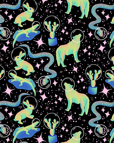 Radioactive Southwest Space Pattern animals cactus pattern procreate repeat pattern seamless pattern southwest space stars surface pattern design