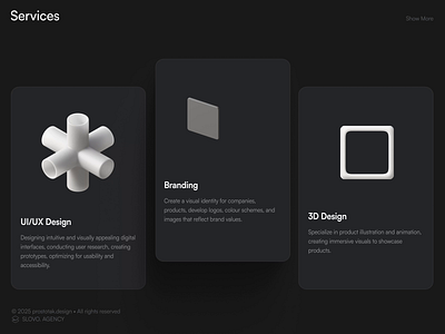personal site, services section 3d animation branding graphic design motion graphics ui