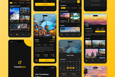 TravelEase - Travel & Booking Mobile App accommodation adventure application apps booking clean design destinations experience graphic design interface layout mobile neat premium tour travel ui ux