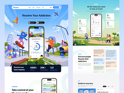 Resolve - Addiction Recovery App Landing Page 🚴‍♂️ addiction app clean design habit illustration landing landing page mobile orely page productivity recovery sobriety ui webpage website wellness