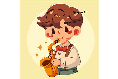 Hand Drawn Saxophone Cartoon Illustration artist band boy cartoon children concert creative decoration instrument jazz male music musical orchestra person player playing professional saxophone vintage