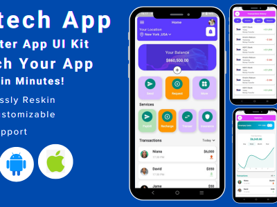 Finance & Banking Flutter App - Fintech App Flutter App Ui Kit bank transfer bill payment chat to pay digital wallet financial app fingerprint scan fintech app flutter ui kit graphic design insurance app mobile recharge money transfer qr code payment rewards system transaction history