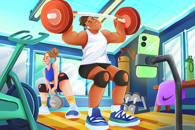 Fitness Influencers in Action art book illustration cartoon character children illustration couple digital art dribbble fitness gym healthy illustration influencer landing lifestyle liftingweights procreate ui design ui ux workout